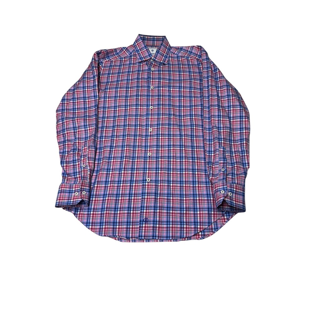 David Donahue Mens Plaid Button Down Shirt Pink Blue Purple Cotton Size M